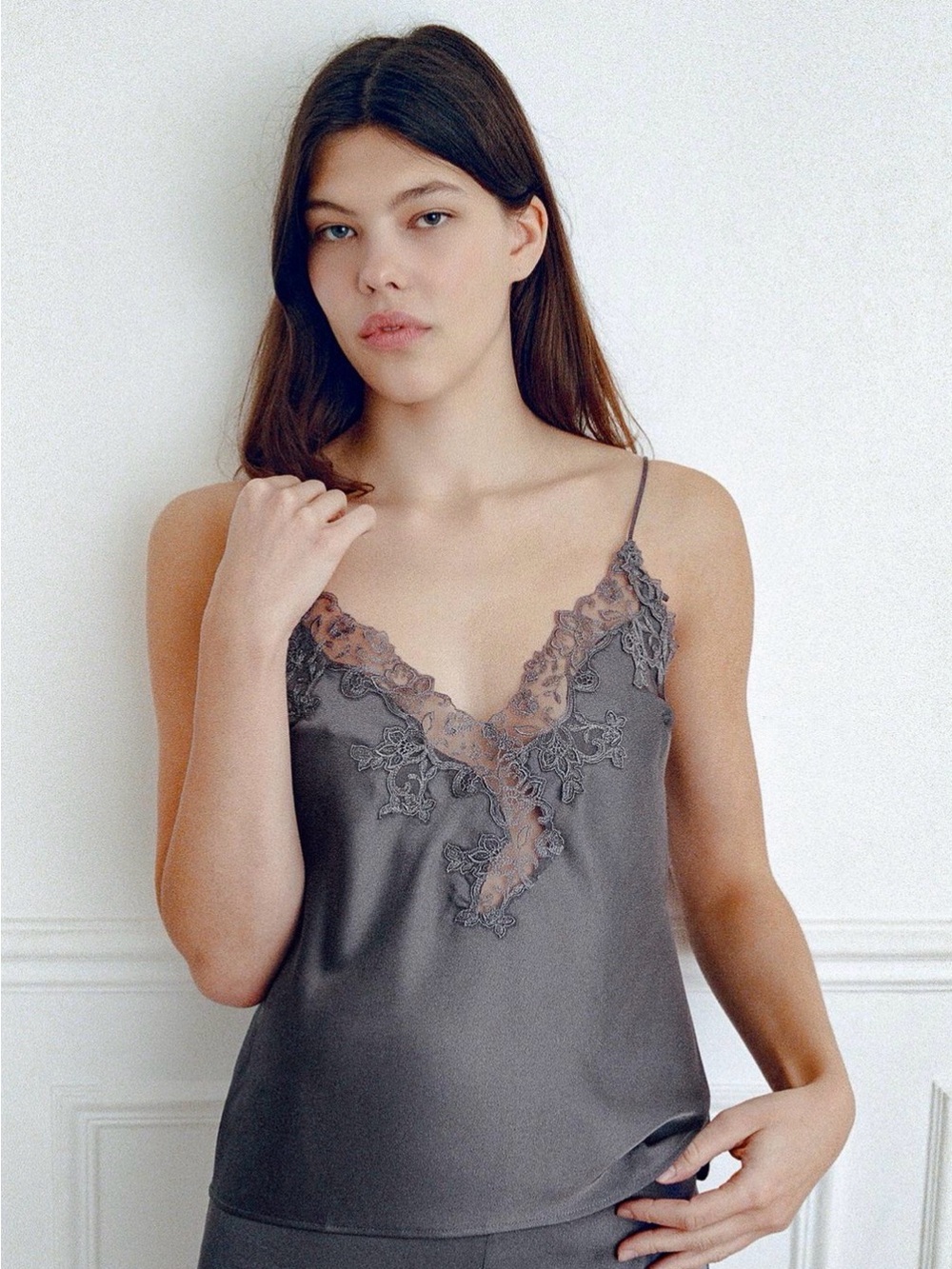 Zara Gray Satin Lace-Trim Camisole
